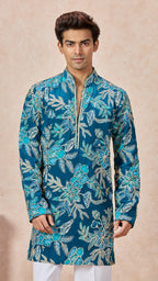 Blue Floral V-Neck Short Kurta Set for Men with Korean Pants