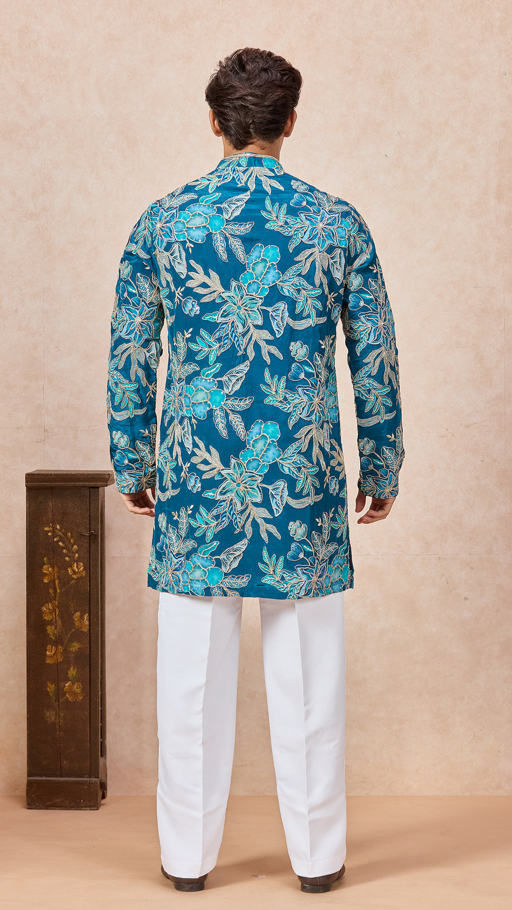 Blue Floral V-Neck Short Kurta Set for Men with Korean Pants