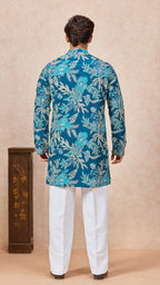 Blue Floral V-Neck Short Kurta Set for Men with Korean Pants