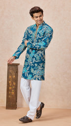 Blue Floral V-Neck Short Kurta Set for Men with Korean Pants
