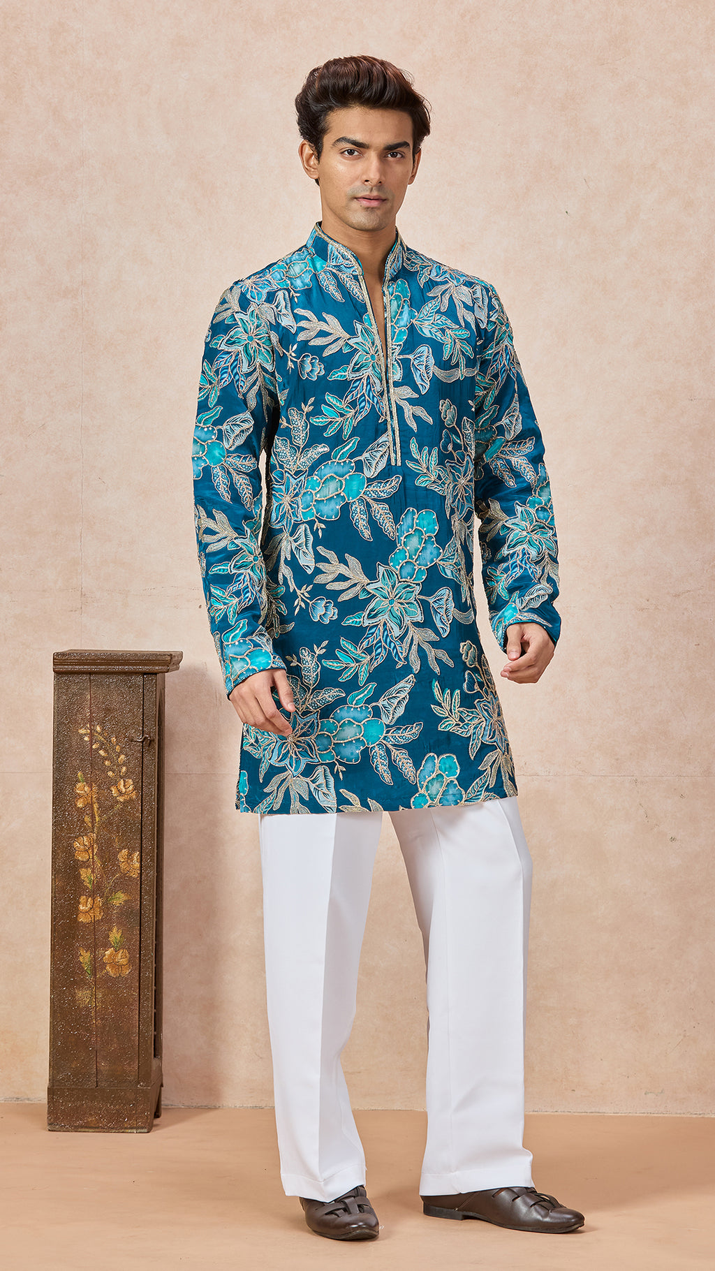 Blue Floral V-Neck Short Kurta Set for Men with Korean Pants