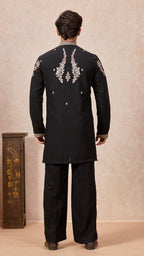 Black V-Neck Short Kurta Set for Men with Korean Pants