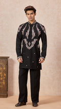 Black V-Neck Short Kurta Set for Men with Korean Pants