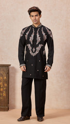 Black V-Neck Short Kurta Set for Men with Korean Pants