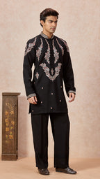 Black V-Neck Short Kurta Set for Men with Korean Pants