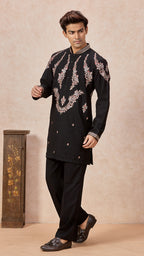 Black V-Neck Short Kurta Set for Men with Korean Pants