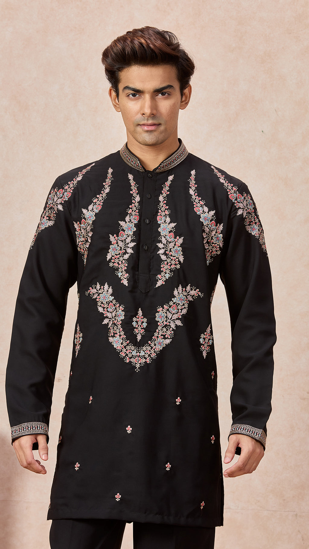 Black V-Neck Short Kurta Set for Men with Korean Pants