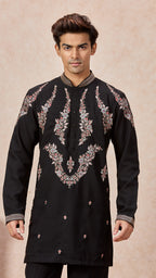 Black V-Neck Short Kurta Set for Men with Korean Pants