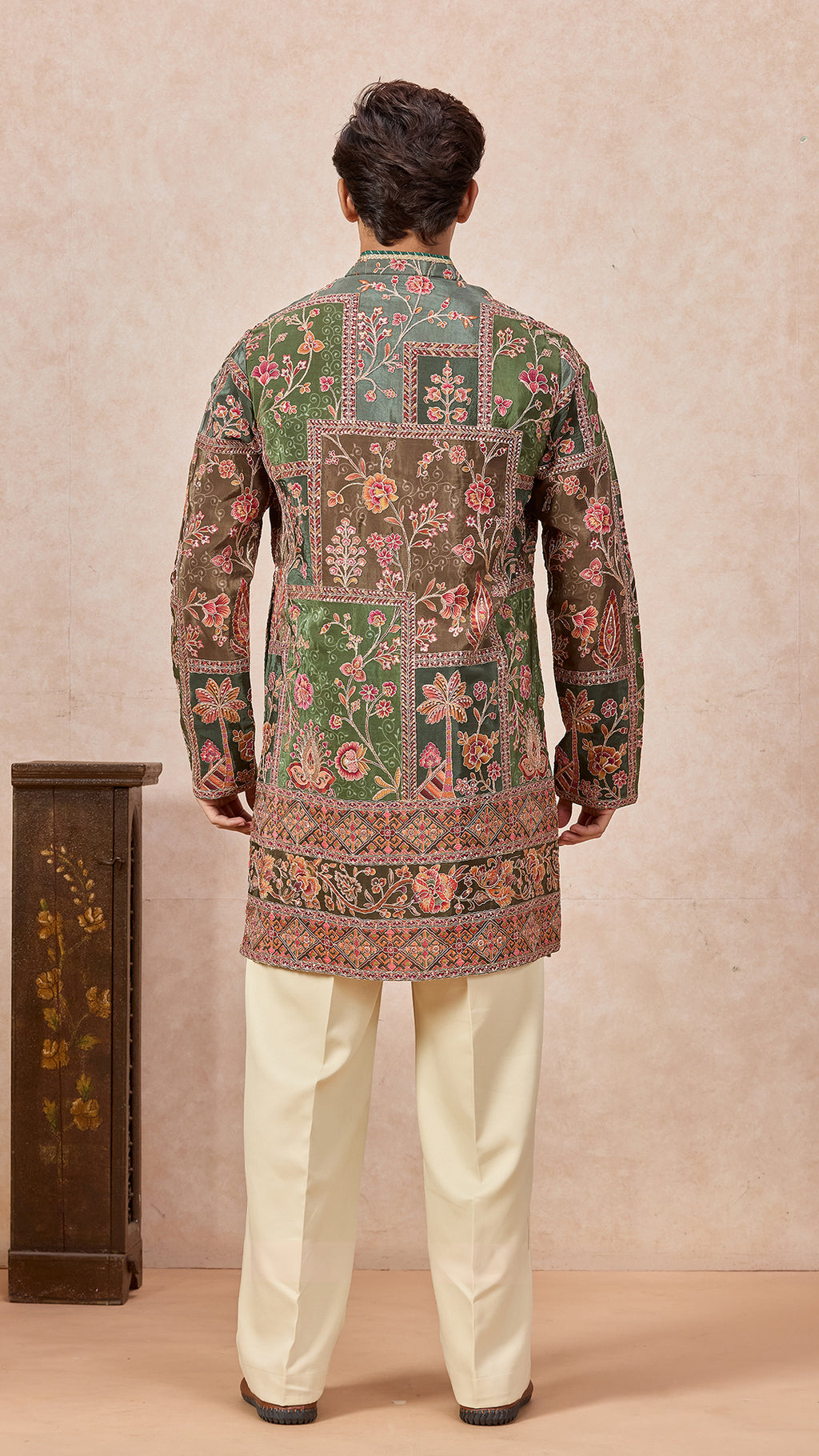 Mehendi V-Neck Short Kurta Set for Men with Korean Pants