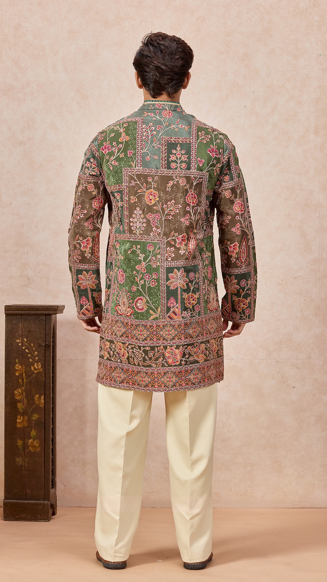 Mehendi V-Neck Short Kurta Set for Men with Korean Pants