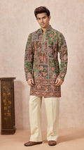 Mehendi V-Neck Short Kurta Set for Men with Korean Pants