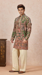 Mehendi V-Neck Short Kurta Set for Men with Korean Pants