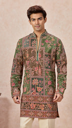 Mehendi V-Neck Short Kurta Set for Men with Korean Pants