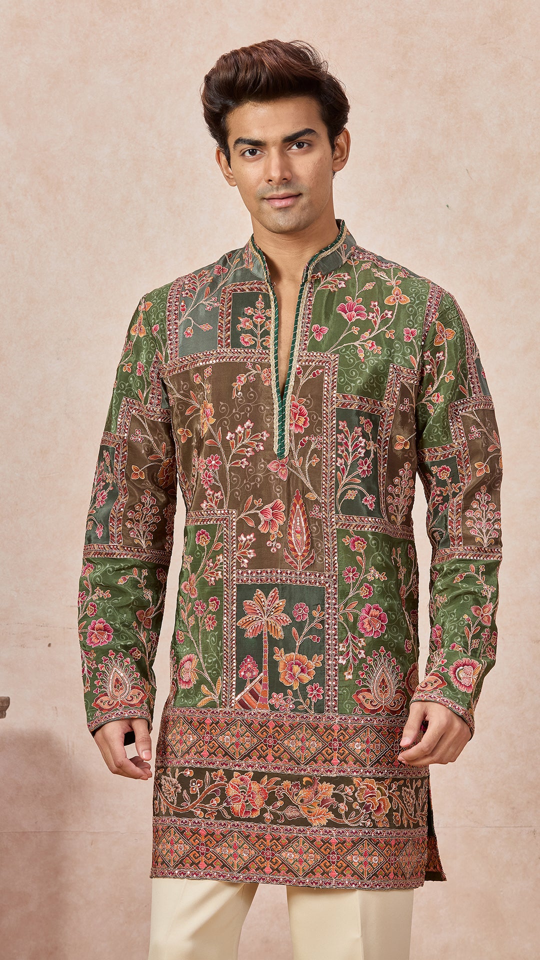 Mehendi V-Neck Short Kurta Set for Men with Korean Pants