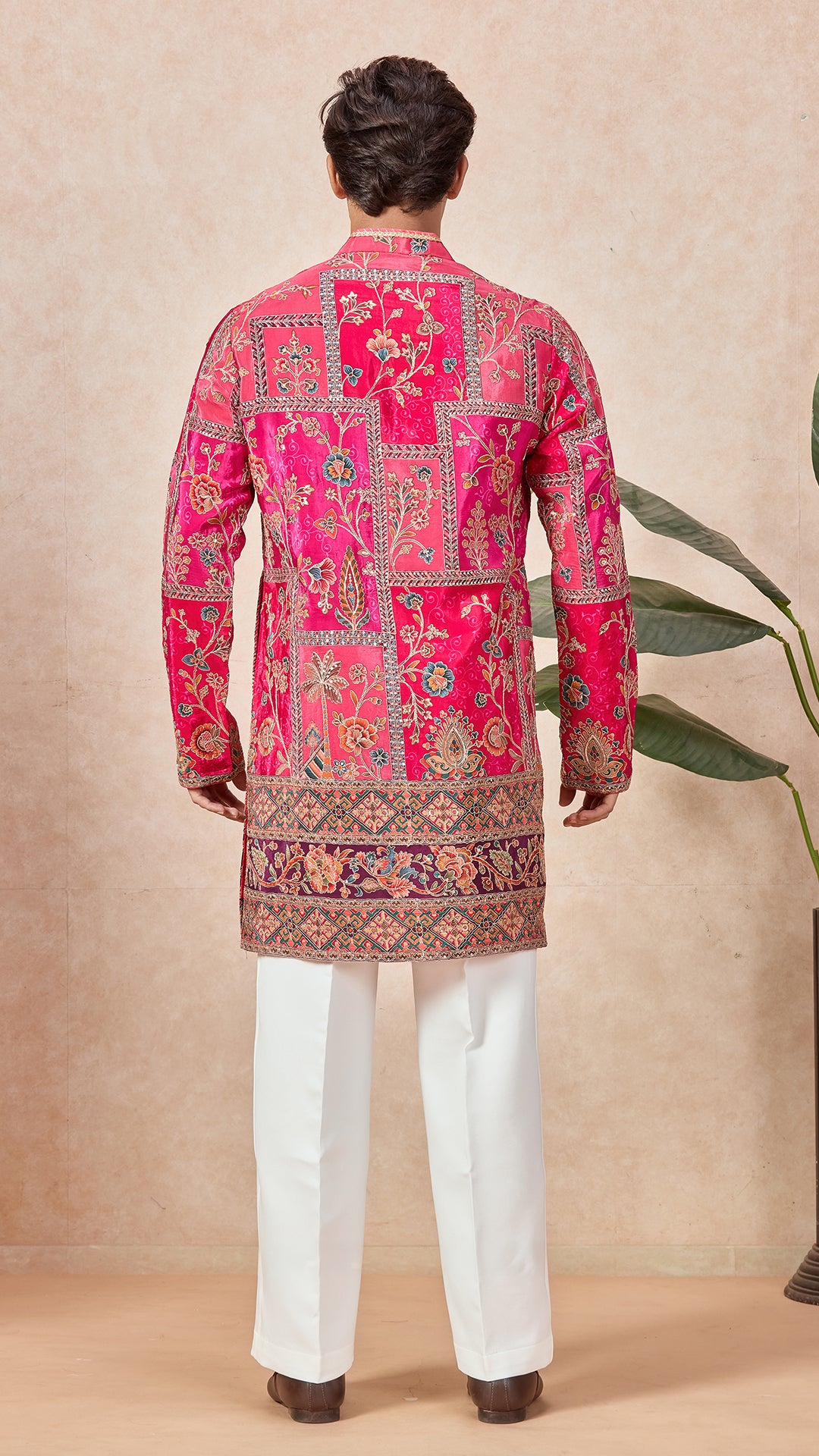 Ranee Pink V-Neck Short Kurta Set for Men with Korean Pants