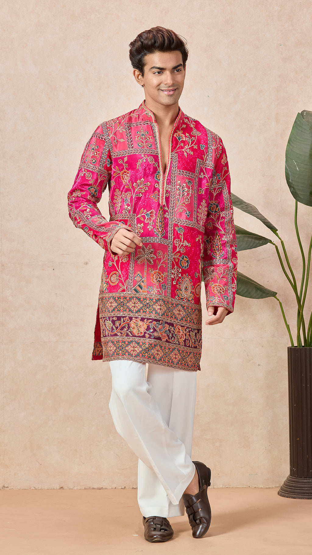 Ranee Pink V-Neck Short Kurta Set for Men with Korean Pants