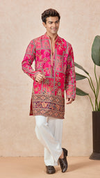 Ranee Pink V-Neck Short Kurta Set for Men with Korean Pants