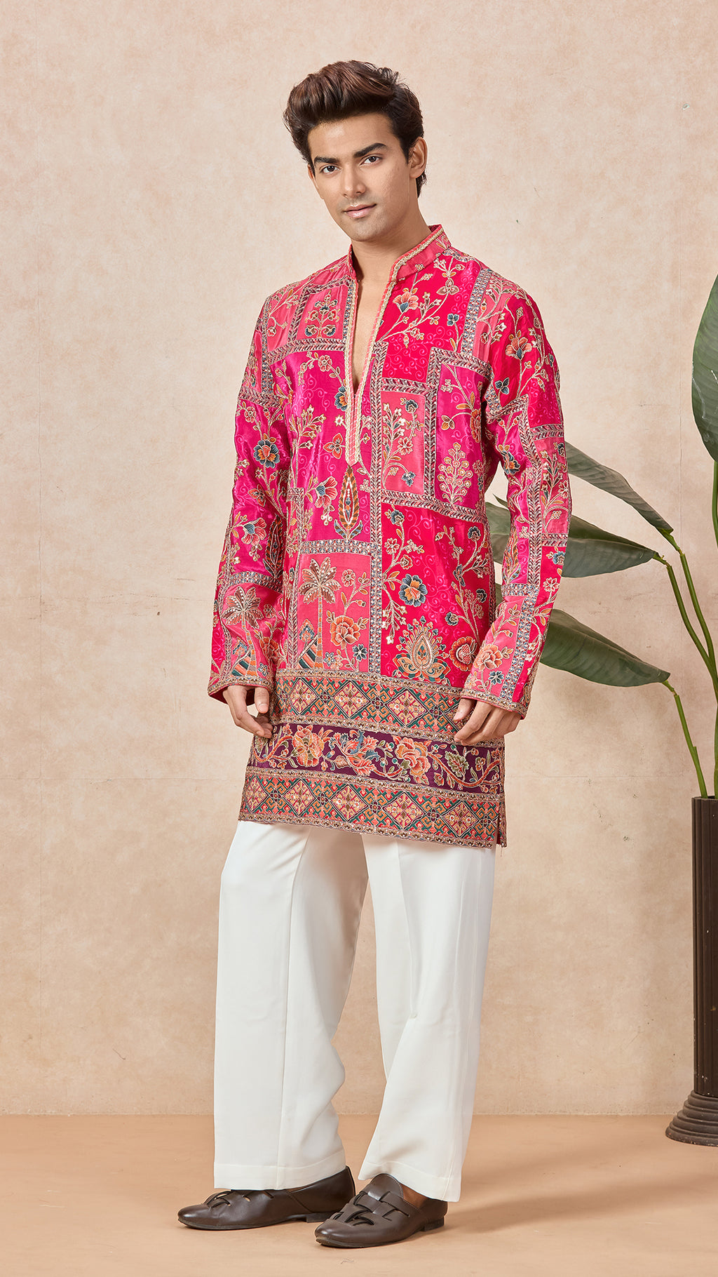 Ranee Pink V-Neck Short Kurta Set for Men with Korean Pants