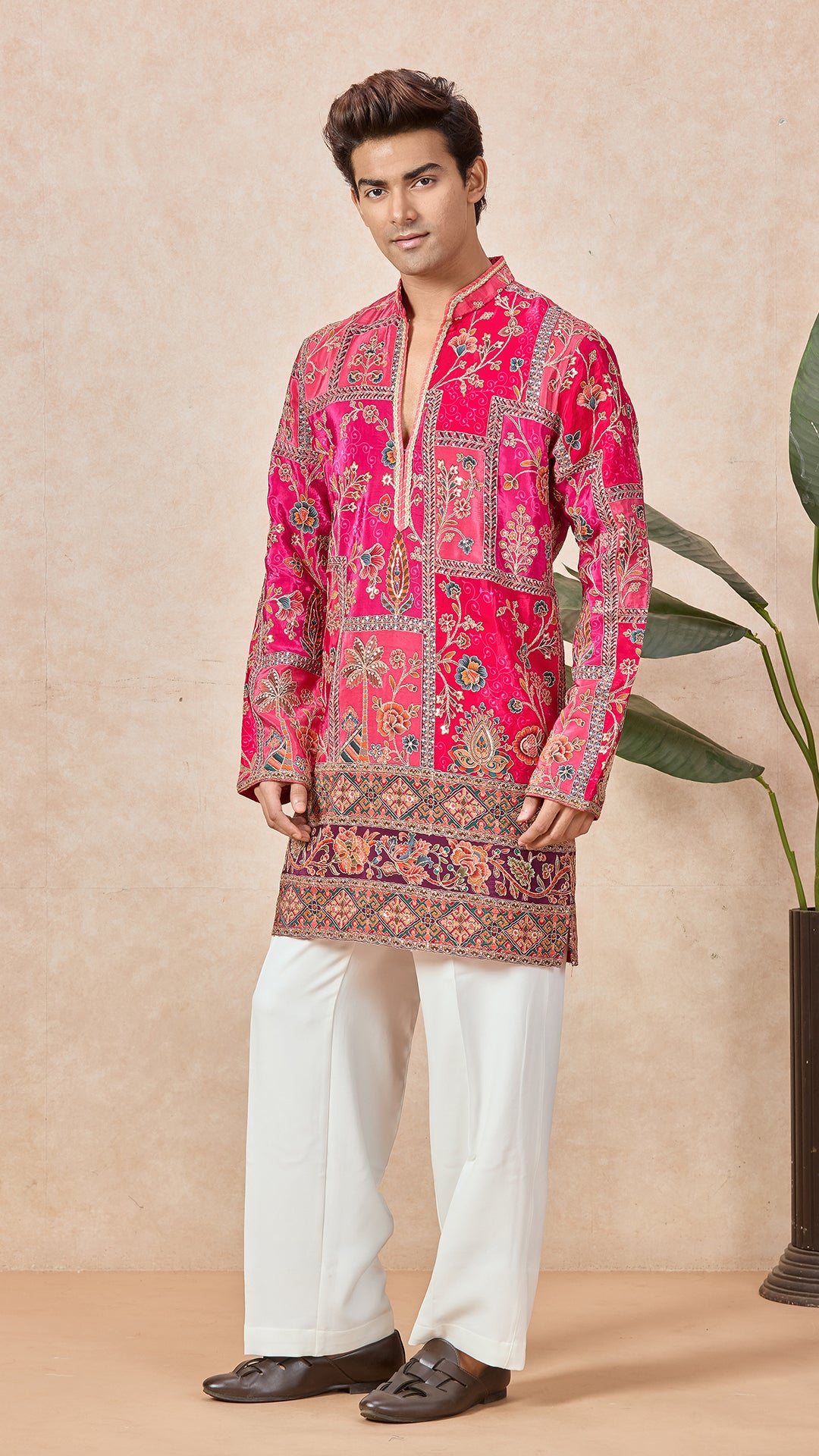 Ranee Pink V-Neck Short Kurta Set for Men with Korean Pants