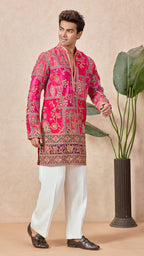 Ranee Pink V-Neck Short Kurta Set for Men with Korean Pants