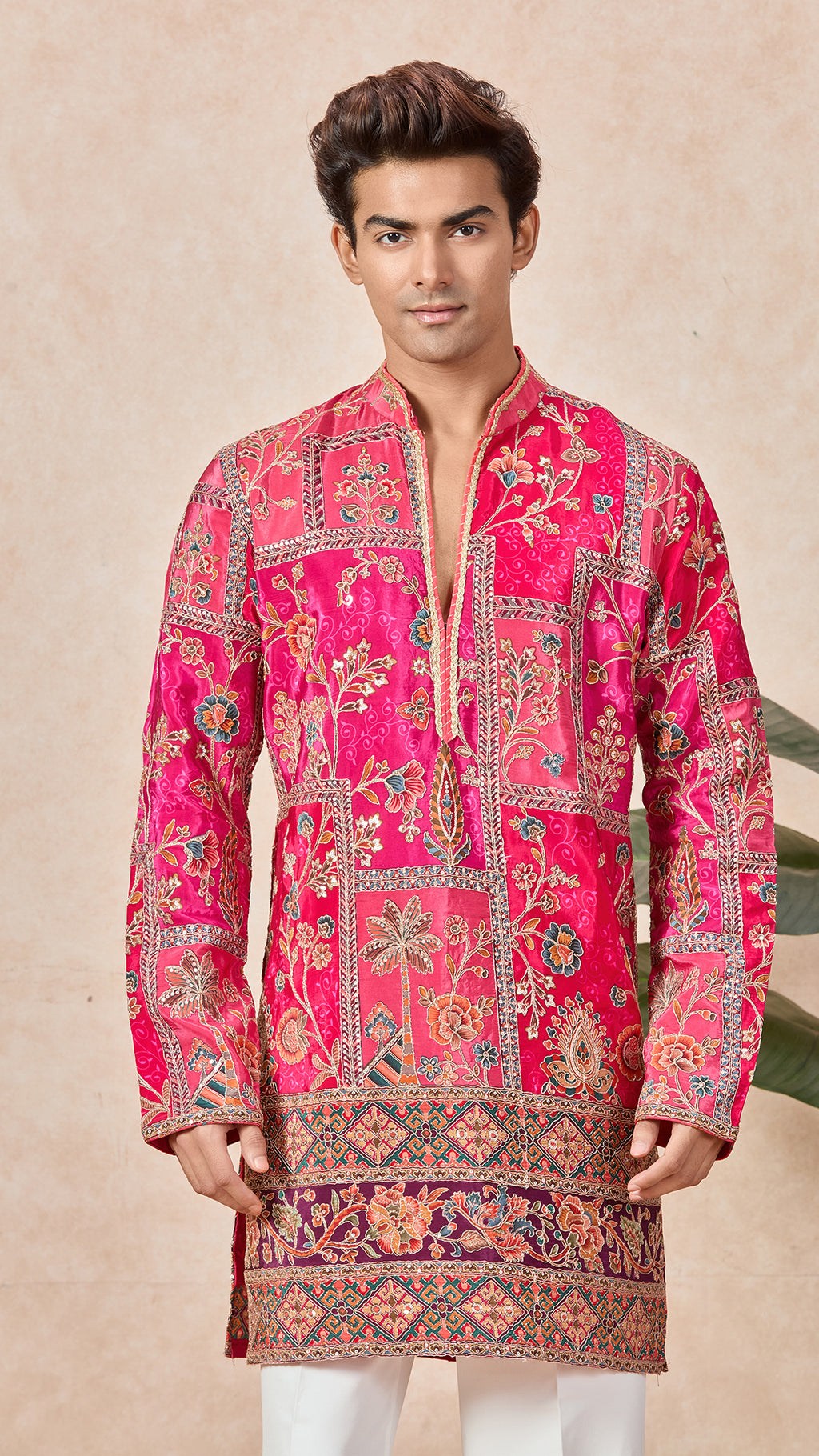 Ranee Pink V-Neck Short Kurta Set for Men with Korean Pants