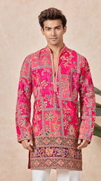 Ranee Pink V-Neck Short Kurta Set for Men with Korean Pants