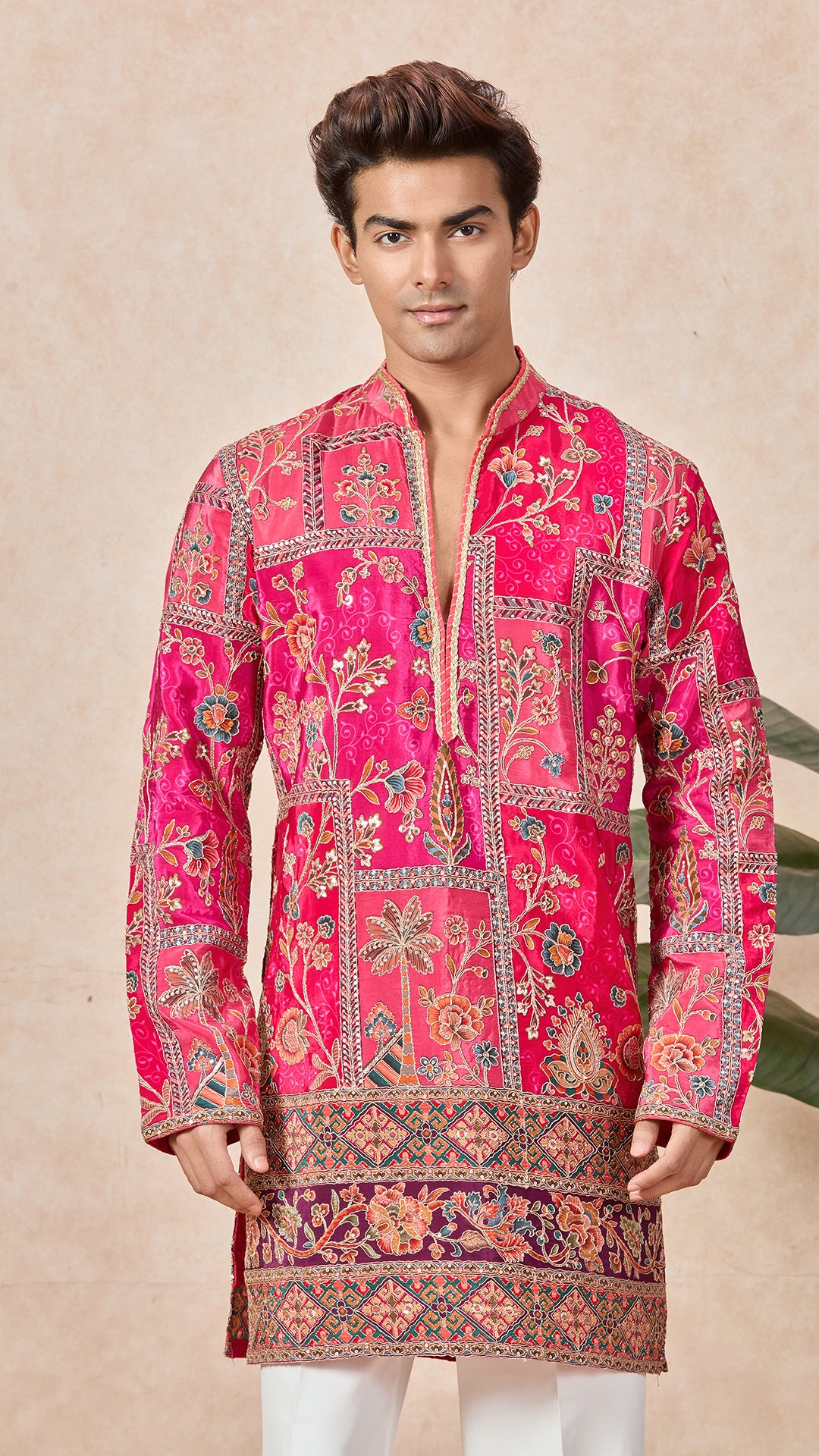 Ranee Pink V-Neck Short Kurta Set for Men with Korean Pants