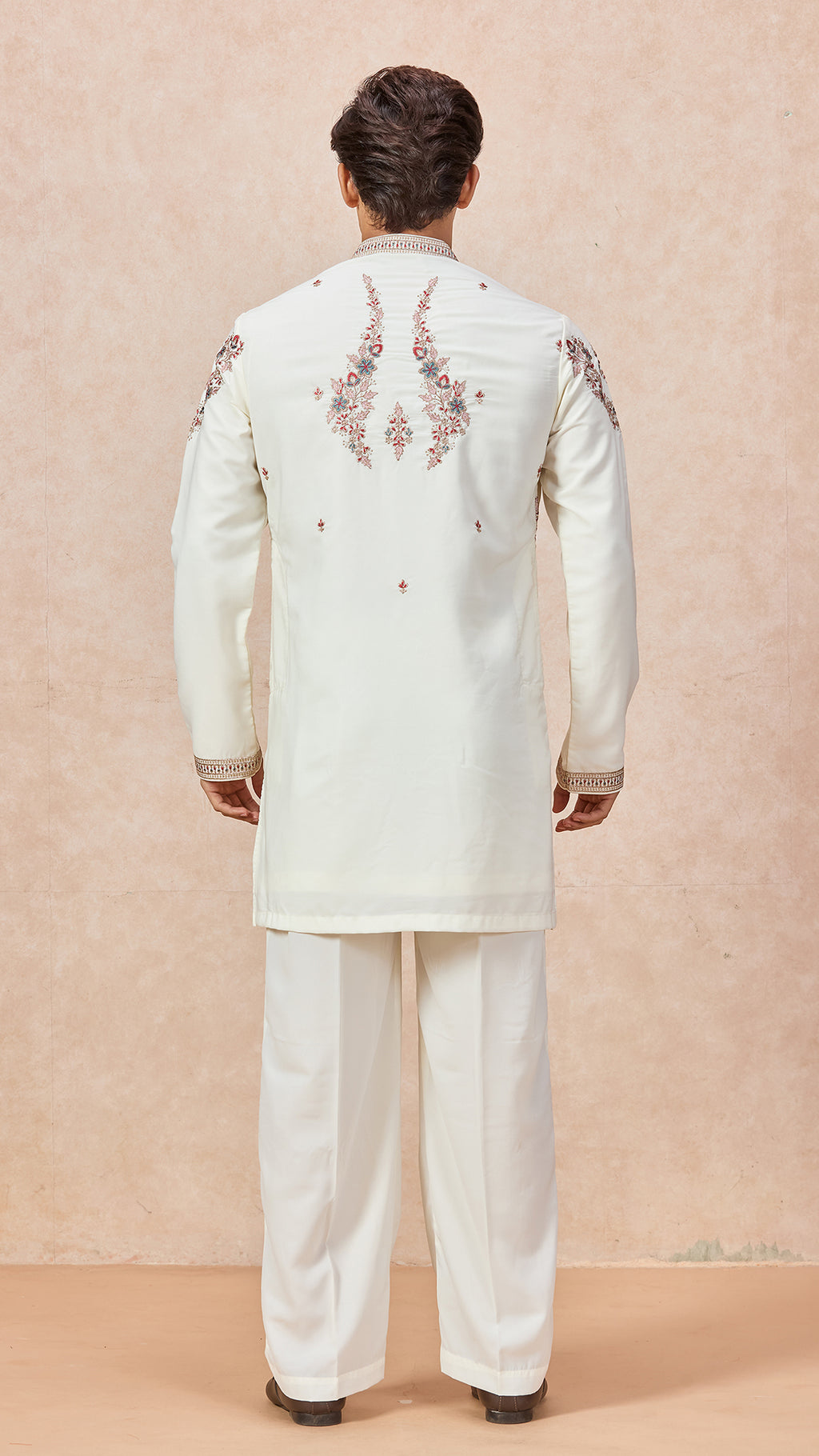 Cream V-Neck Short Kurta Set for Men with Korean Pants