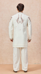 Cream V-Neck Short Kurta Set for Men with Korean Pants