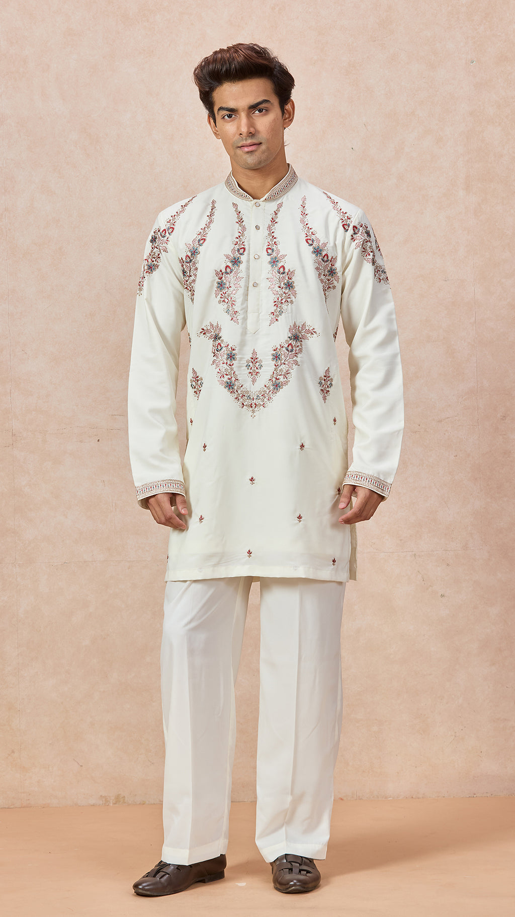 Cream V-Neck Short Kurta Set for Men with Korean Pants