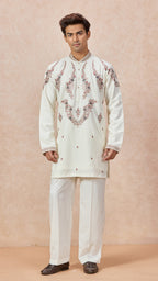 Cream V-Neck Short Kurta Set for Men with Korean Pants