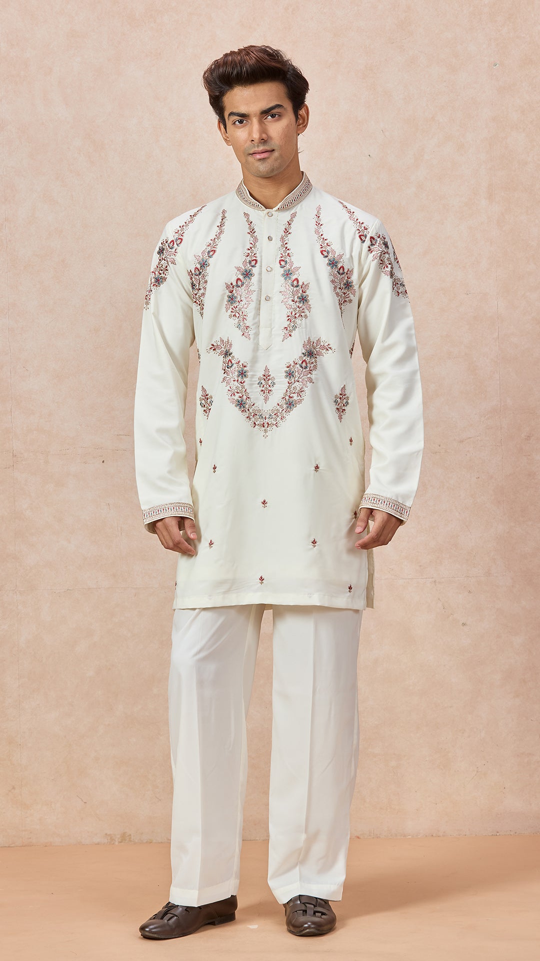 Cream V-Neck Short Kurta Set for Men with Korean Pants