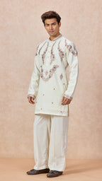 Cream V-Neck Short Kurta Set for Men with Korean Pants