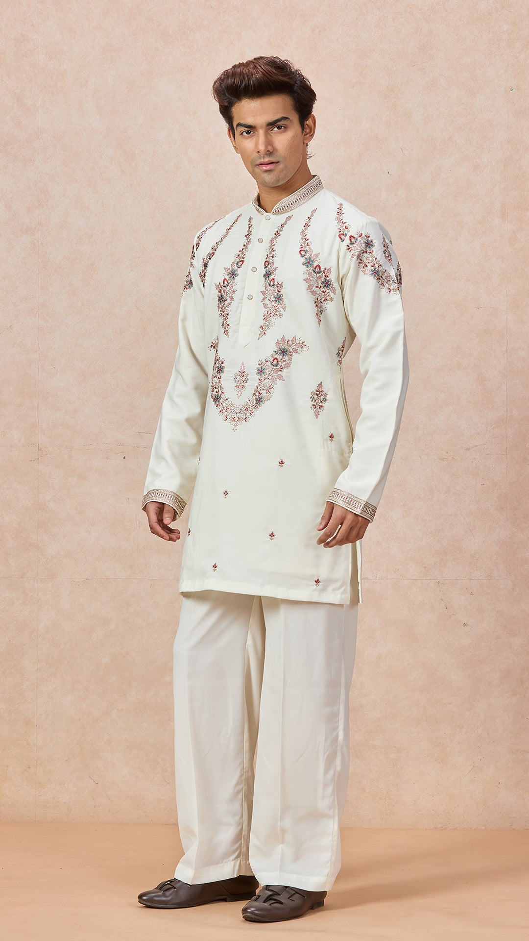 Cream V-Neck Short Kurta Set for Men with Korean Pants