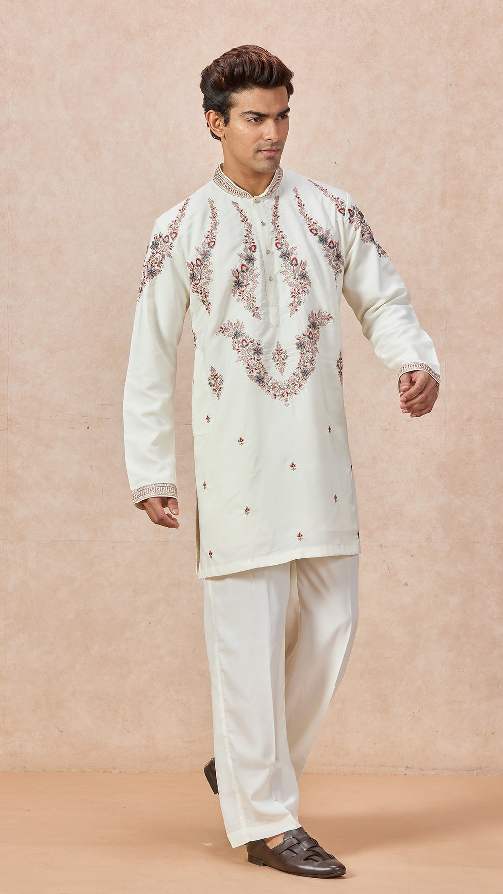 Cream V-Neck Short Kurta Set for Men with Korean Pants