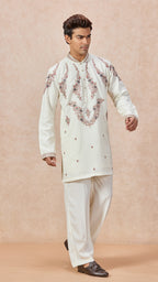 Cream V-Neck Short Kurta Set for Men with Korean Pants