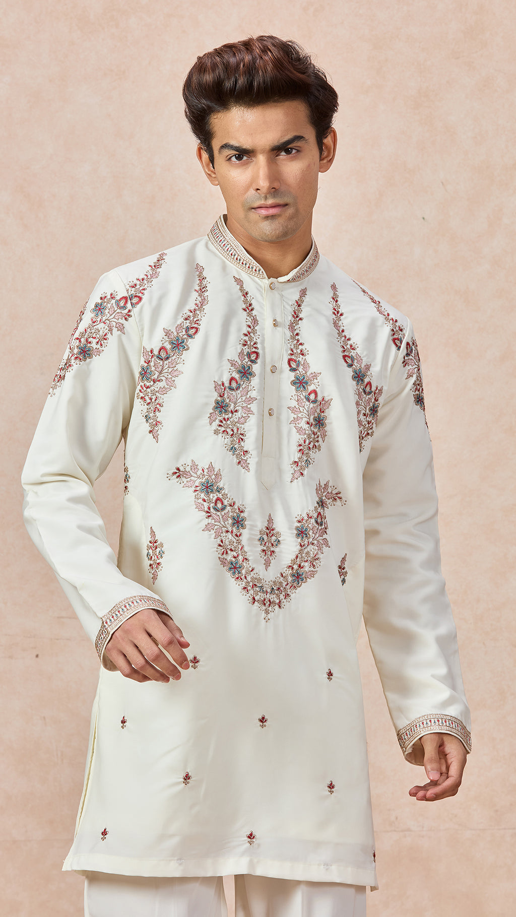 Cream V-Neck Short Kurta Set for Men with Korean Pants