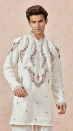 Cream V-Neck Short Kurta Set for Men with Korean Pants