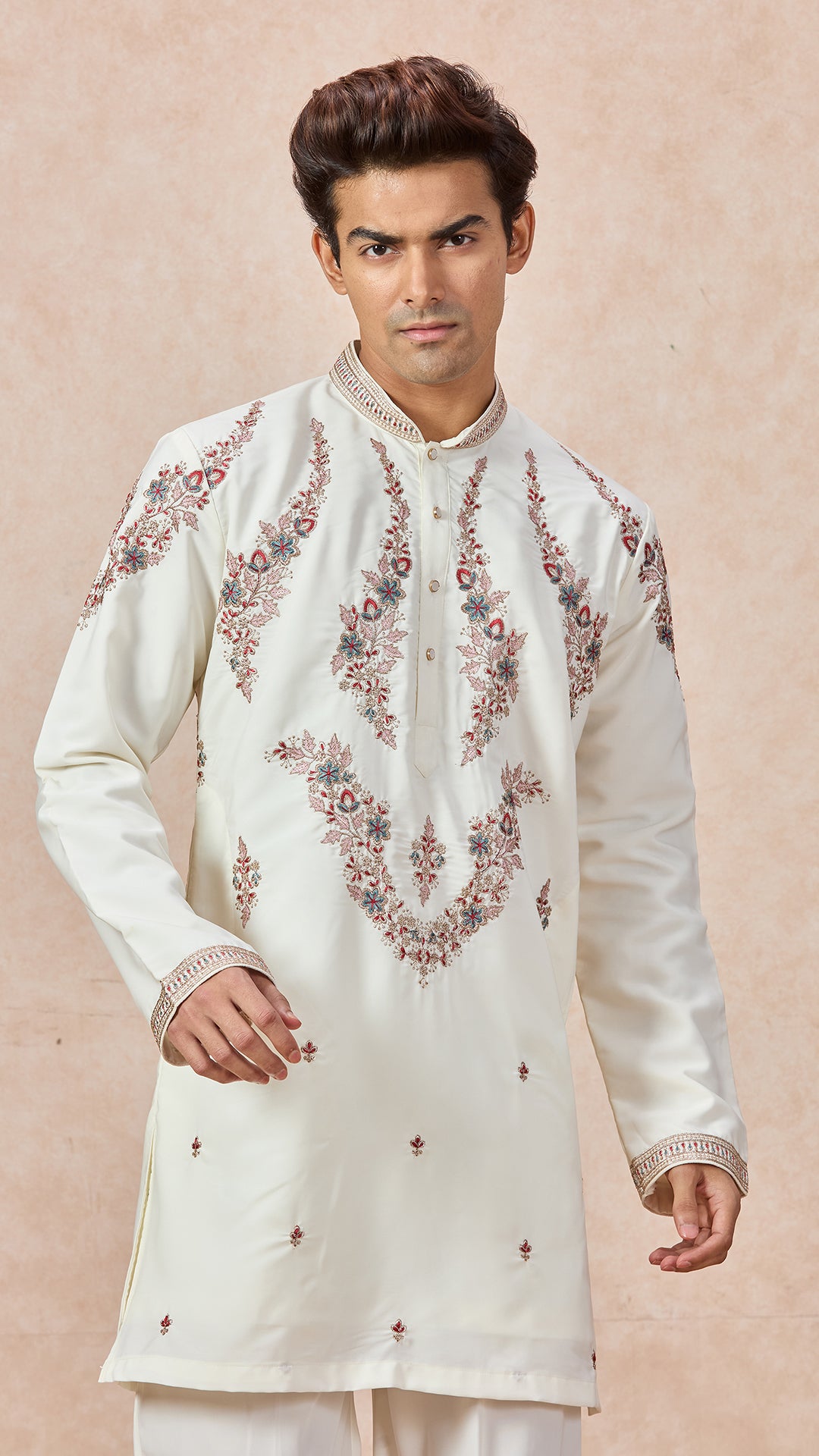 Cream V-Neck Short Kurta Set for Men with Korean Pants