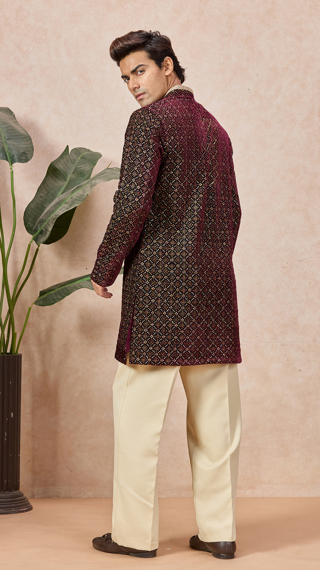 Wine V-Neck Short Kurta Set for Men with Korean Pants