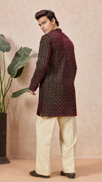 Wine V-Neck Short Kurta Set for Men with Korean Pants