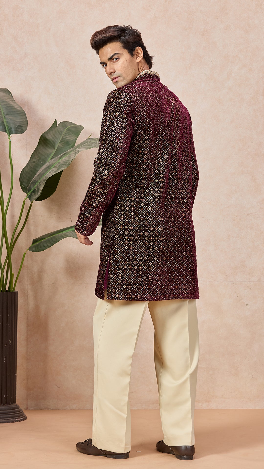 Wine V-Neck Short Kurta Set for Men with Korean Pants