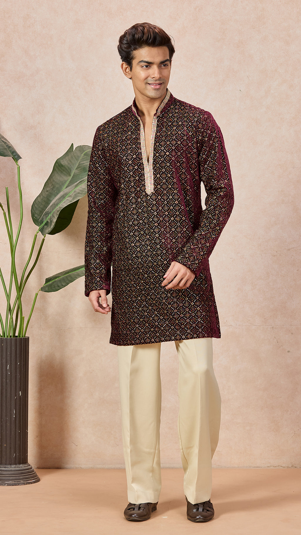 Wine V-Neck Short Kurta Set for Men with Korean Pants
