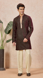 Wine V-Neck Short Kurta Set for Men with Korean Pants