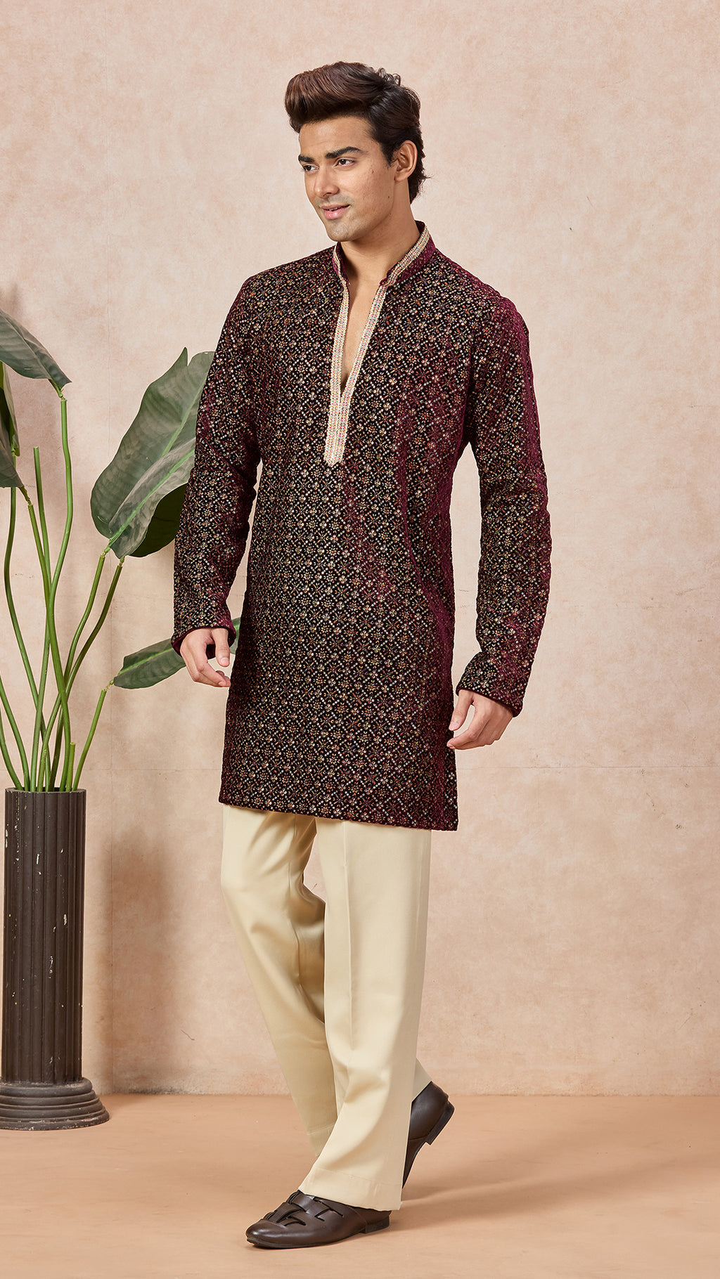 Wine V-Neck Short Kurta Set for Men with Korean Pants