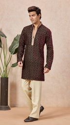 Wine V-Neck Short Kurta Set for Men with Korean Pants