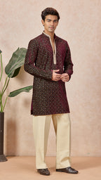 Wine V-Neck Short Kurta Set for Men with Korean Pants