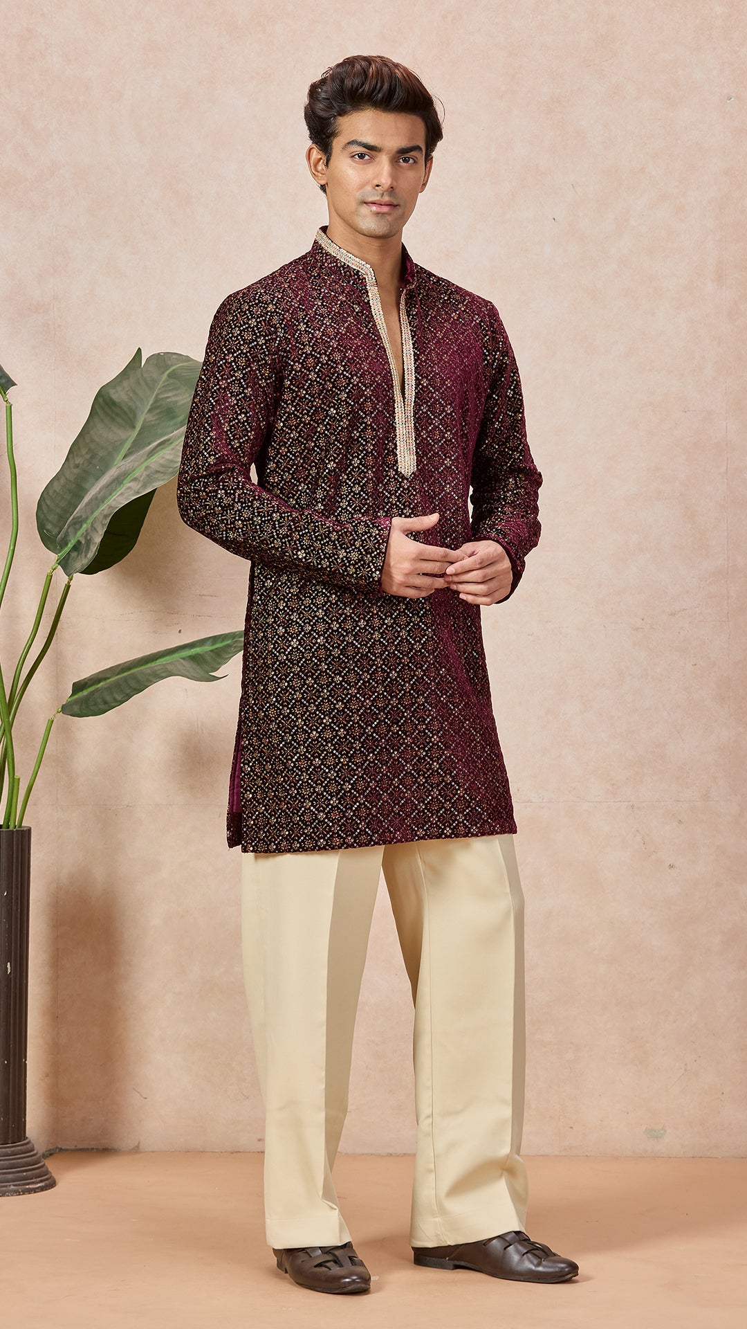 Wine V-Neck Short Kurta Set for Men with Korean Pants