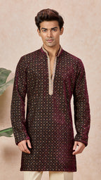 Wine V-Neck Short Kurta Set for Men with Korean Pants