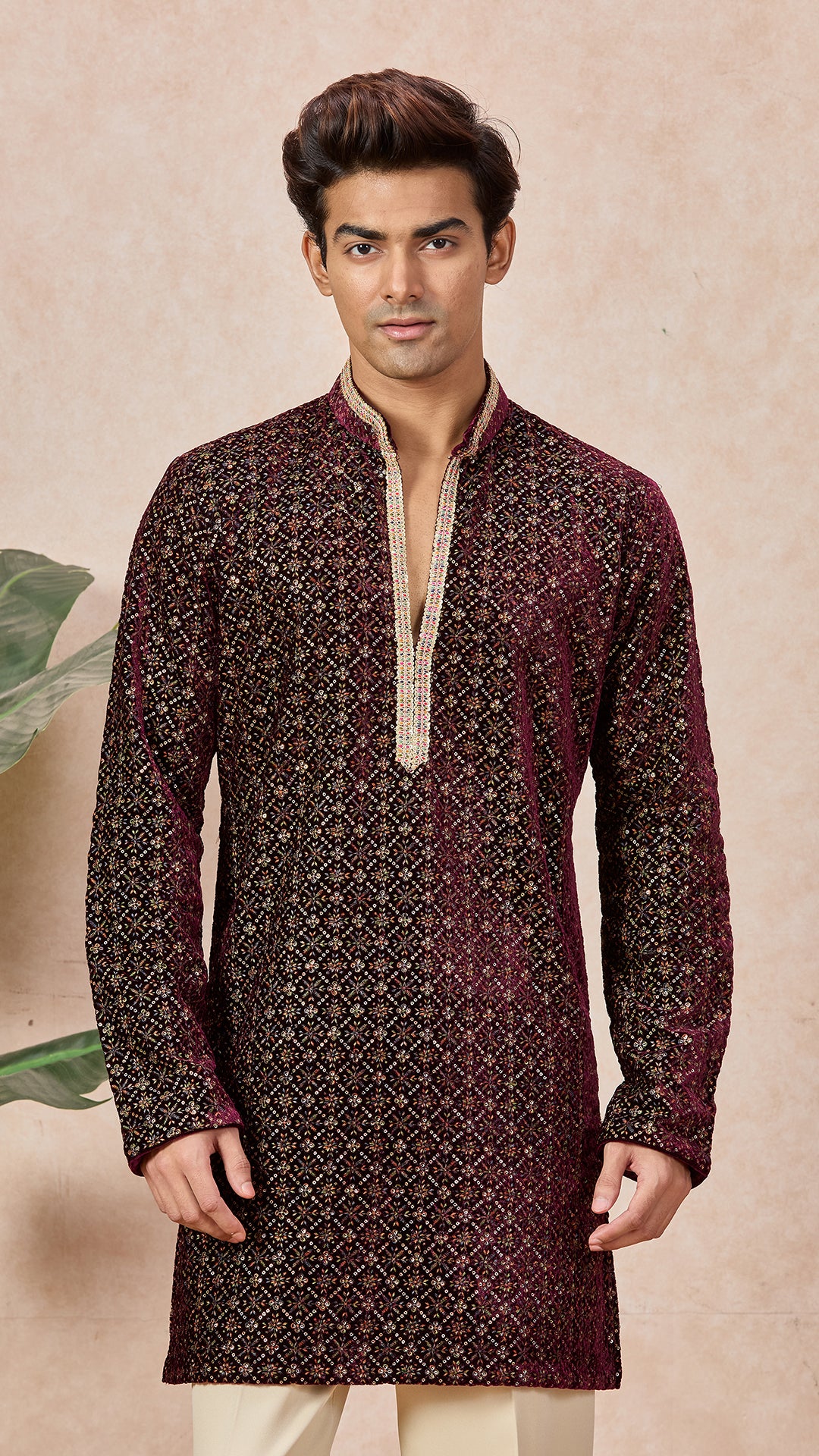 Wine V-Neck Short Kurta Set for Men with Korean Pants